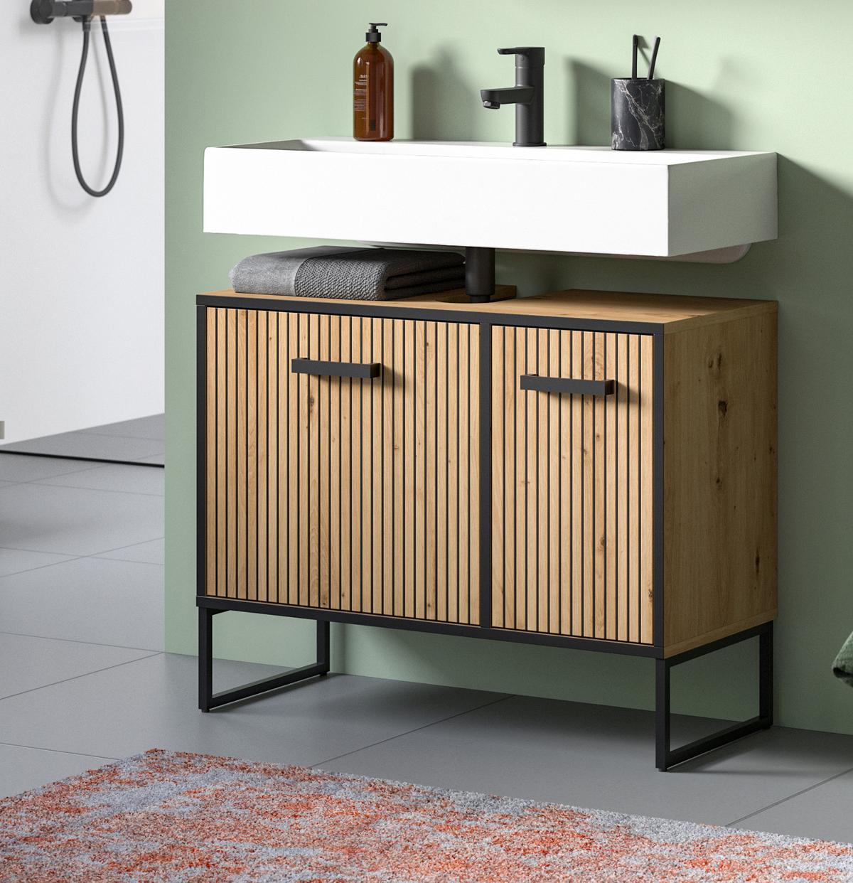 WASCHBECKENUNTERSCHRANK Eiche Artisan, schwarz 80 cm, Badezimmer Unterschrank mit Soft-Close - Schwarz/Eiche Artisan, Holzwerkstoff/Kunststoff (80/63/36cm) - Inn.Furn