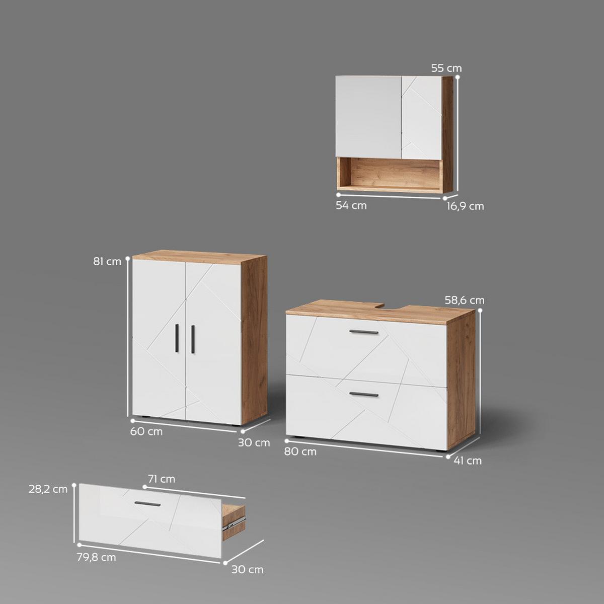 BADMÖBEL-SET Ronco Weiß Hochglanz/Goldkraft Eiche 3 Teile, mit Unterschrank 80 cm - Honigeiche/Weiß Hochglanz, Holzwerkstoff (80/58/41cm) - Livinity®