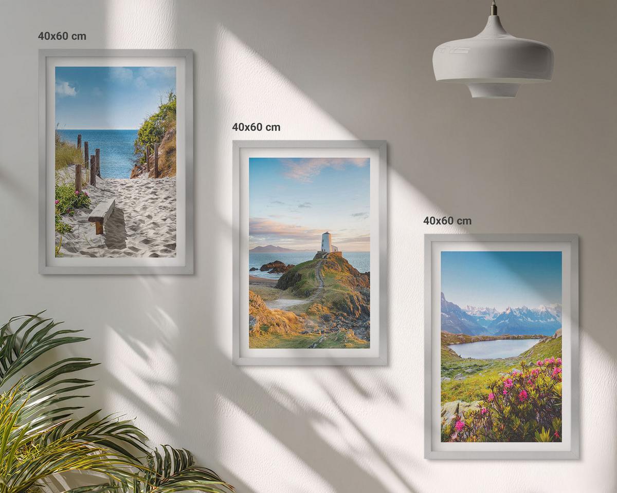 BILDER SET 3er Set - 40x60 cm Silberner Rahmen - Strand, Leuchtturm, Berge, Blumen - Silberfarben, Kunststoff (40/60cm) - TULUP