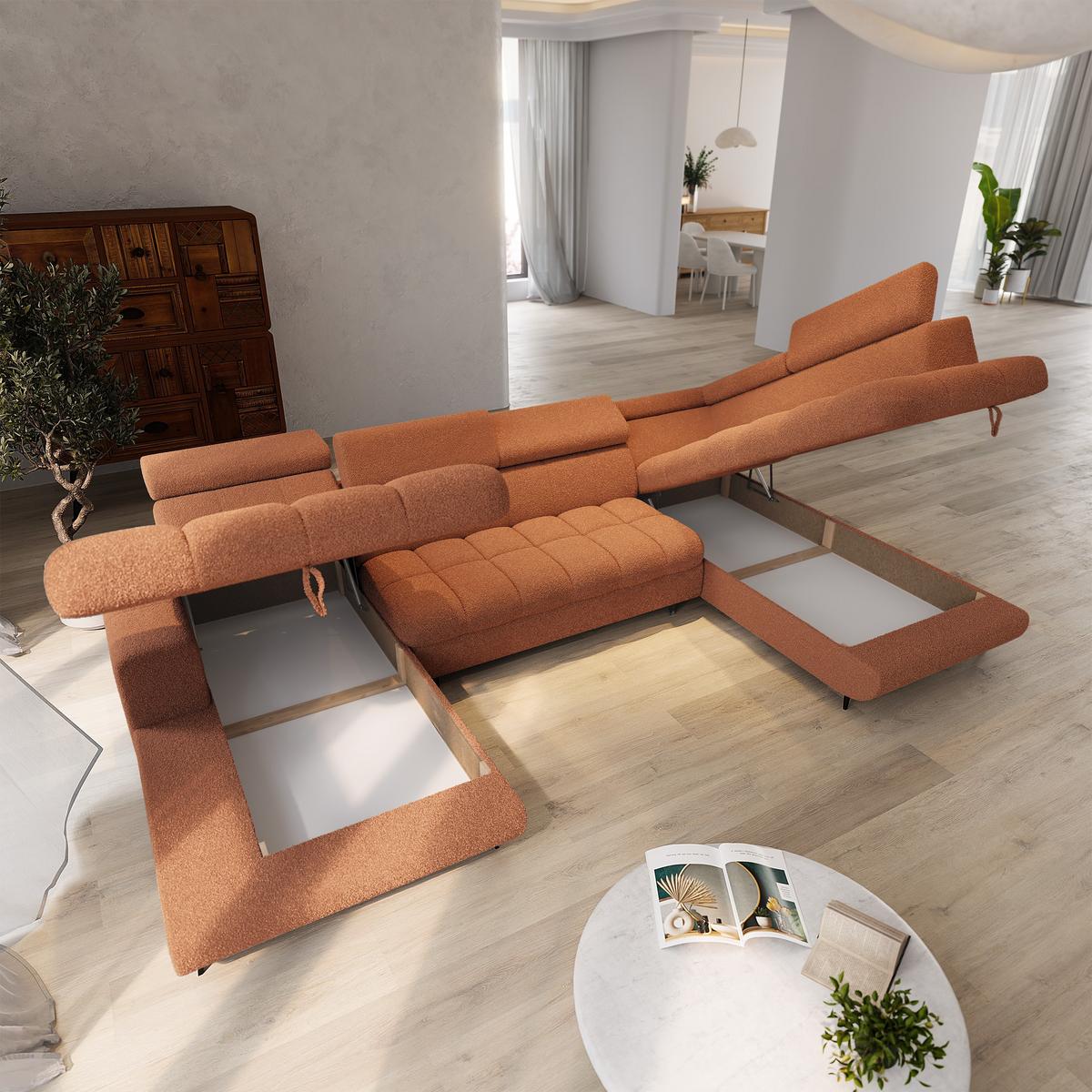 WOHNLANDSCHAFT CORENO Orange Boucle-Stoff mit Schlaffunktion - Terracotta, Holz (345/88/190cm) - MASSENO