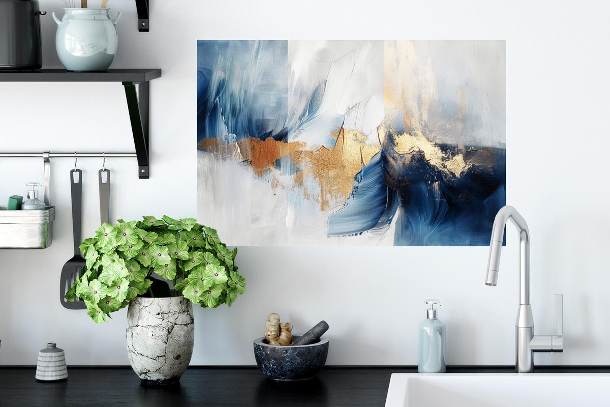 WANDTATTOO Gold - Blau - Aquarell - Kunst - Modern Deko Wohnzimmer 60x40 cm - Hellblau, Kunststoff (60/40/0.1cm) - MuchoWow
