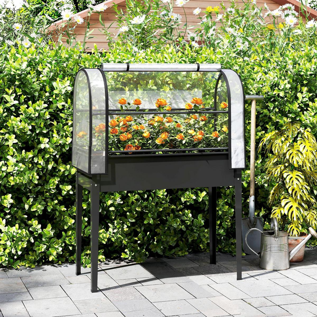 HOCHBEET mit Gewächshausabdeckung aus Kunststoff Metall Schwarz - Schwarz, Metall (49/136/100cm) - Outsunny