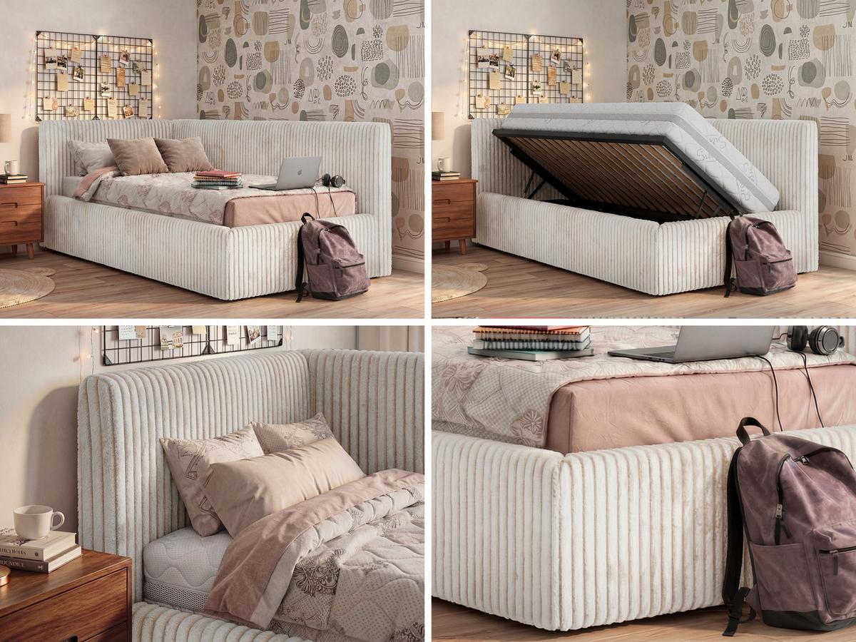 POLSTERBETT TILVO 90/200 - Beige Cord - Multitaschenfederkernmatratze - Links - Beige, Textil (90/200cm) - MKS