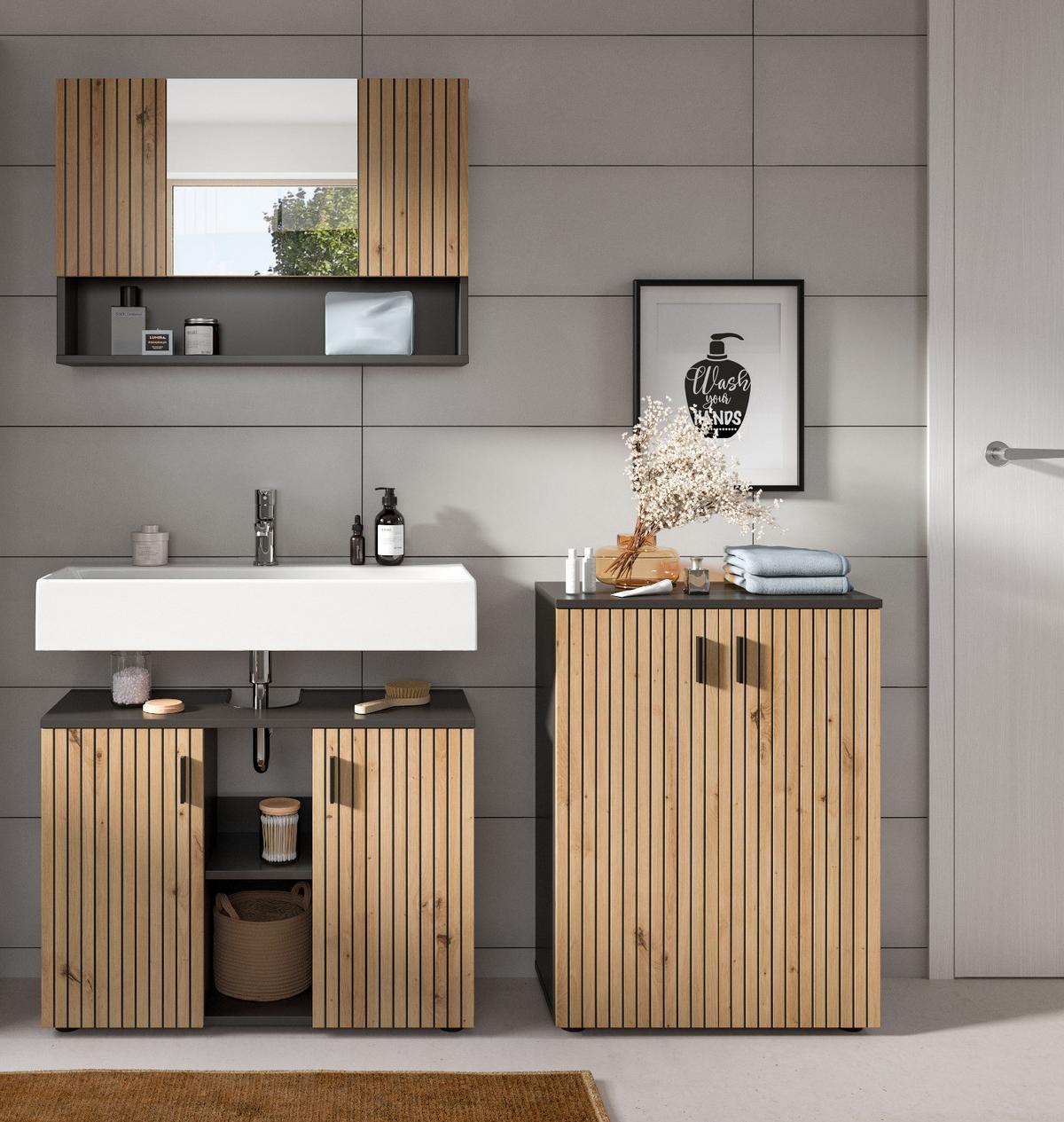 KOMMODE Eiche, grau 60 cm, Badschrank mit Rillen-Optik - Schwarz/Eiche Artisan, Holzwerkstoff/Kunststoff (60/81/30cm) - Inn.Furn