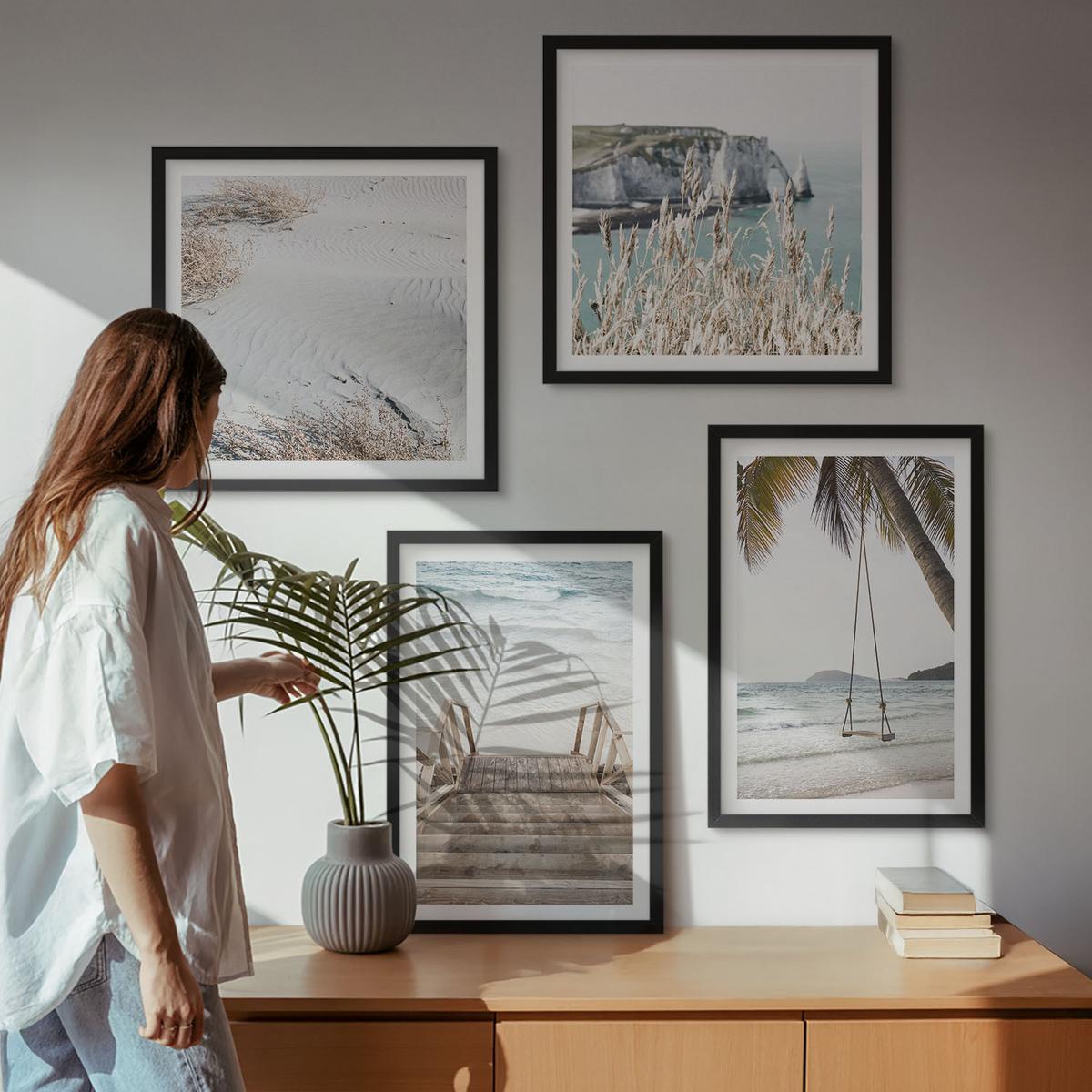BILDER SET 4er Set - 50x50 cm & 40x60 cm Schwarzer Rahmen - Strandtreppe Schaukel Meer - Schwarz, Kunststoff (50/50cm) - TULUP