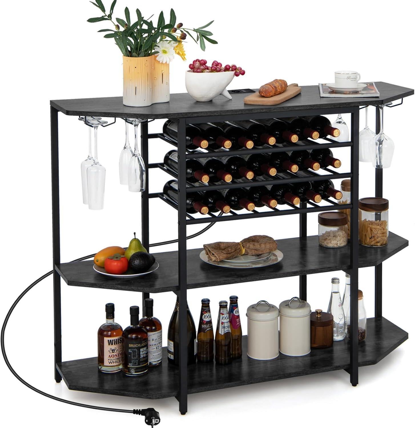 WEINREGAL mit Glashalter & Regalen Grau - Grau, Holz (120/92/40cm) - COSTWAY