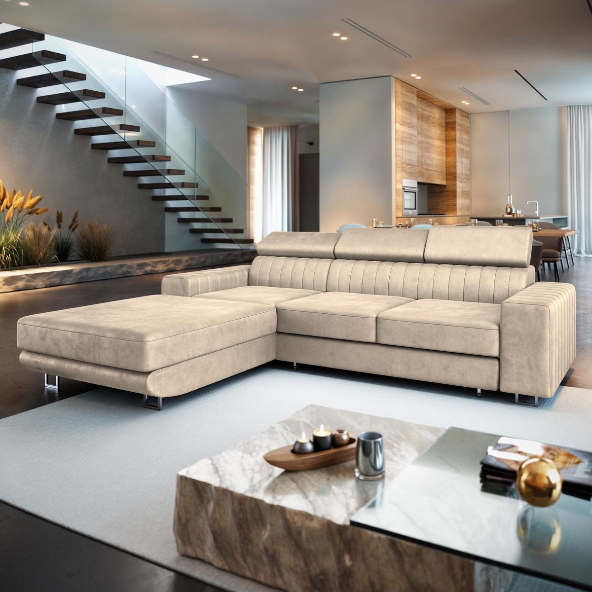 ECKSOFA NOTO L-S Creme Velours-Stoff mit Schlaffunktion - Silberfarben/Creme, Holz/Textil (267/190cm) - MASSENO