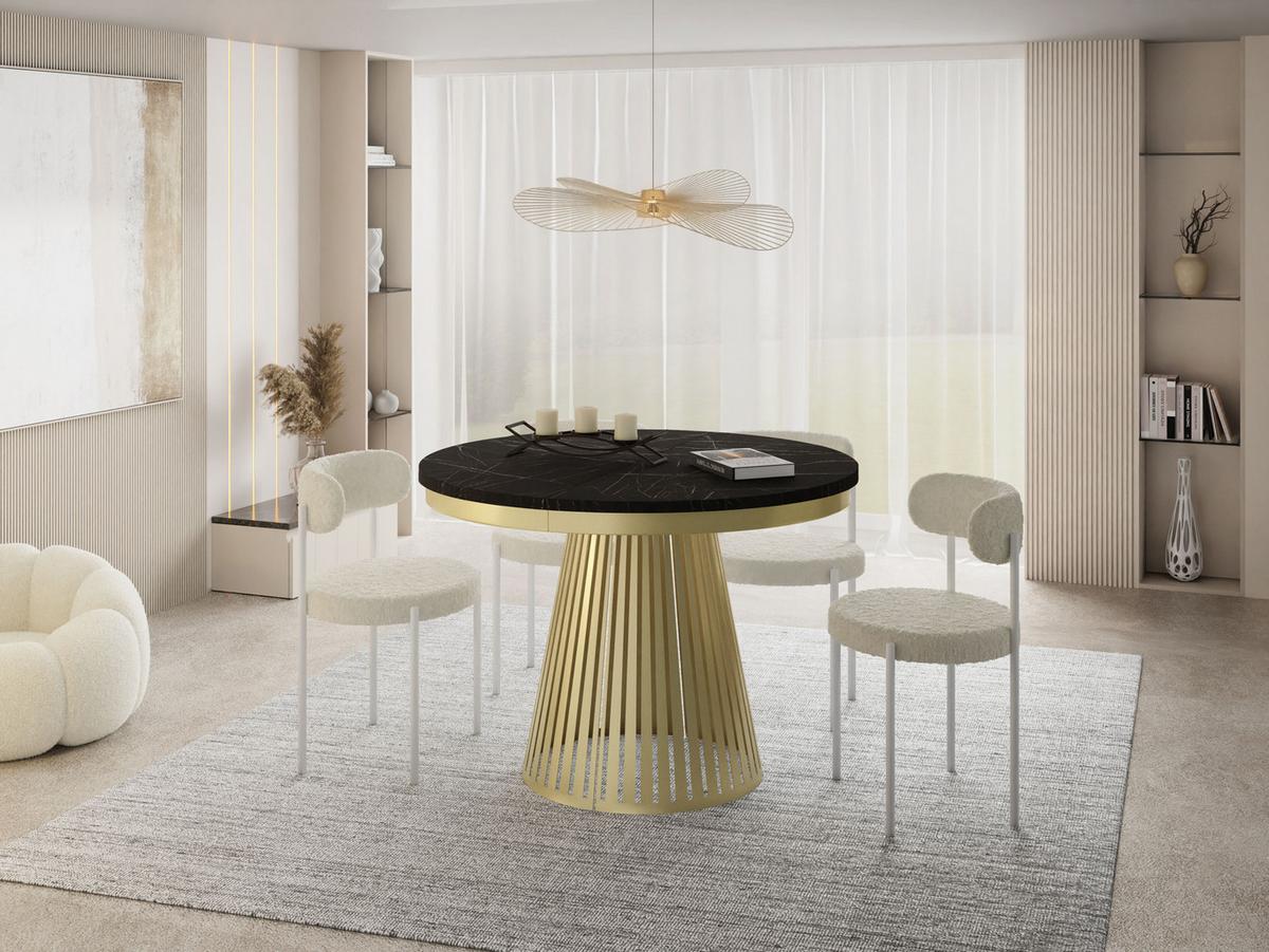 ESSTISCH Naro rund ausziehbar mit Goldem Lamellen-Metallgestell, Marmor Schwarz 120-200/120/76 cm - Anthrazit/Goldfarben, Holzwerkstoff/Metall (100/200/76cm) - WFL GROUP