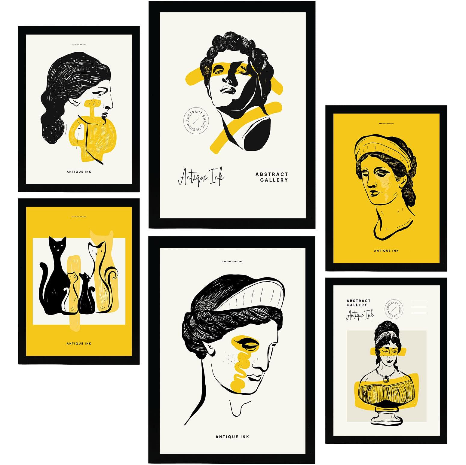 POSTER Set Mit 6 In Schwarzer Tinte Büsten Von Der Griechischen Mythologie Inspirierte Drucke Für Innenarchitektur A3 & A4 Schwarzer Rahmen - Schwarz, Papier (29/3cm) - Nacnic