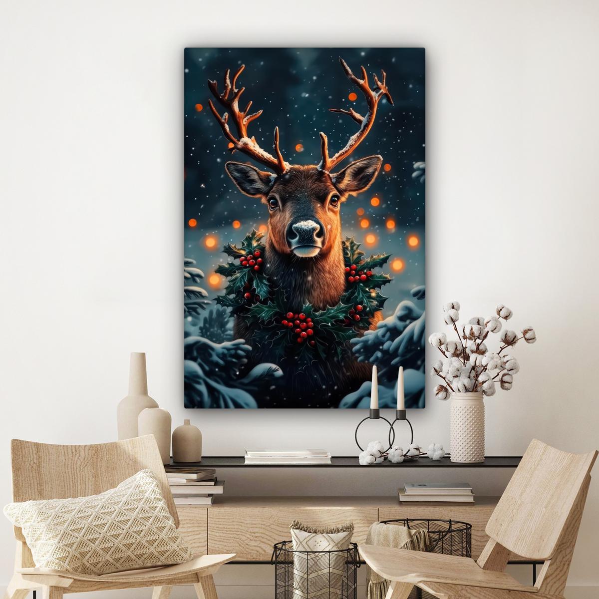 LEINWANDBILD Hirsch - Weihnachten - Winter - Schnee - Weihnachtskranz Deko XXL 80x120 cm - Dunkelbraun, Textil (80/120cm) - MuchoWow