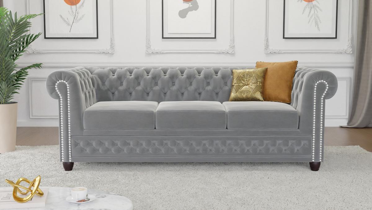 CHESTERFIELD-SOFA 3-Sitzer mit Schlaffunktion Nyx Grau Samt - Braun/Grau, Holz/Textil (203/28/86cm) - S-Style Möbel