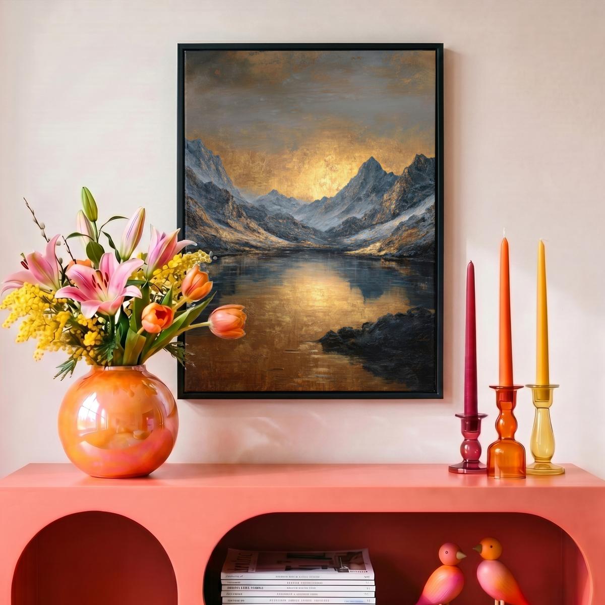 LEINWAND Bilder mit Rahmen - Bergkulisse mit goldenem Sonnenuntergang - 30x40 - Goldfarben, Textil (30/40cm) - MuchoWow