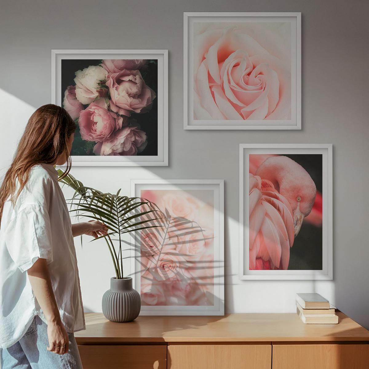 BILDER SET 4er Set - 50x50 cm & 40x60 cm Weißer Rahmen - Pastellrosa Flamingos - Weiß, Kunststoff (50/50cm) - TULUP