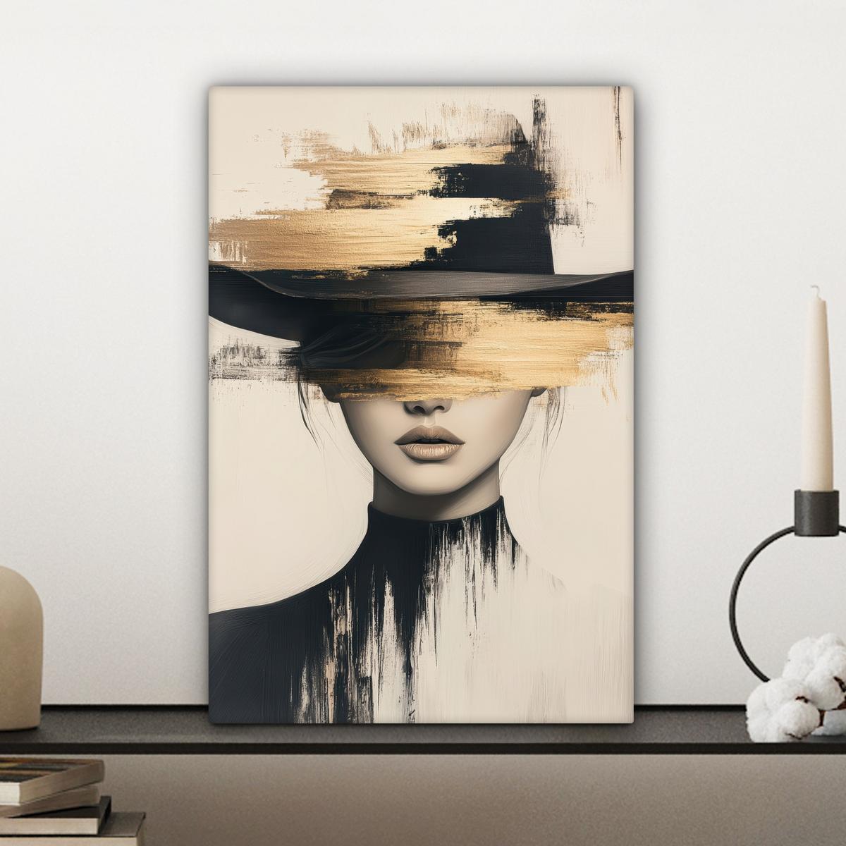 LEINWANDBILD Frau - Hut - Farbe Deko Wohnzimmer 20x30 cm - Goldfarben, Textil (20/30cm) - MuchoWow