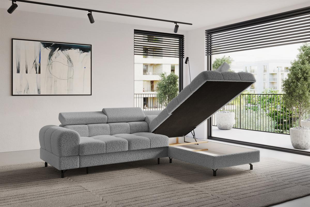 ECKSOFA mit Schlaffunktion Ottomane Rechts LUMA-L 272x203x70 Hellgrau Bouclé - Hellgrau/Schwarz, Holzwerkstoff/Kunststoff (203/272cm) - ALTDECOR
