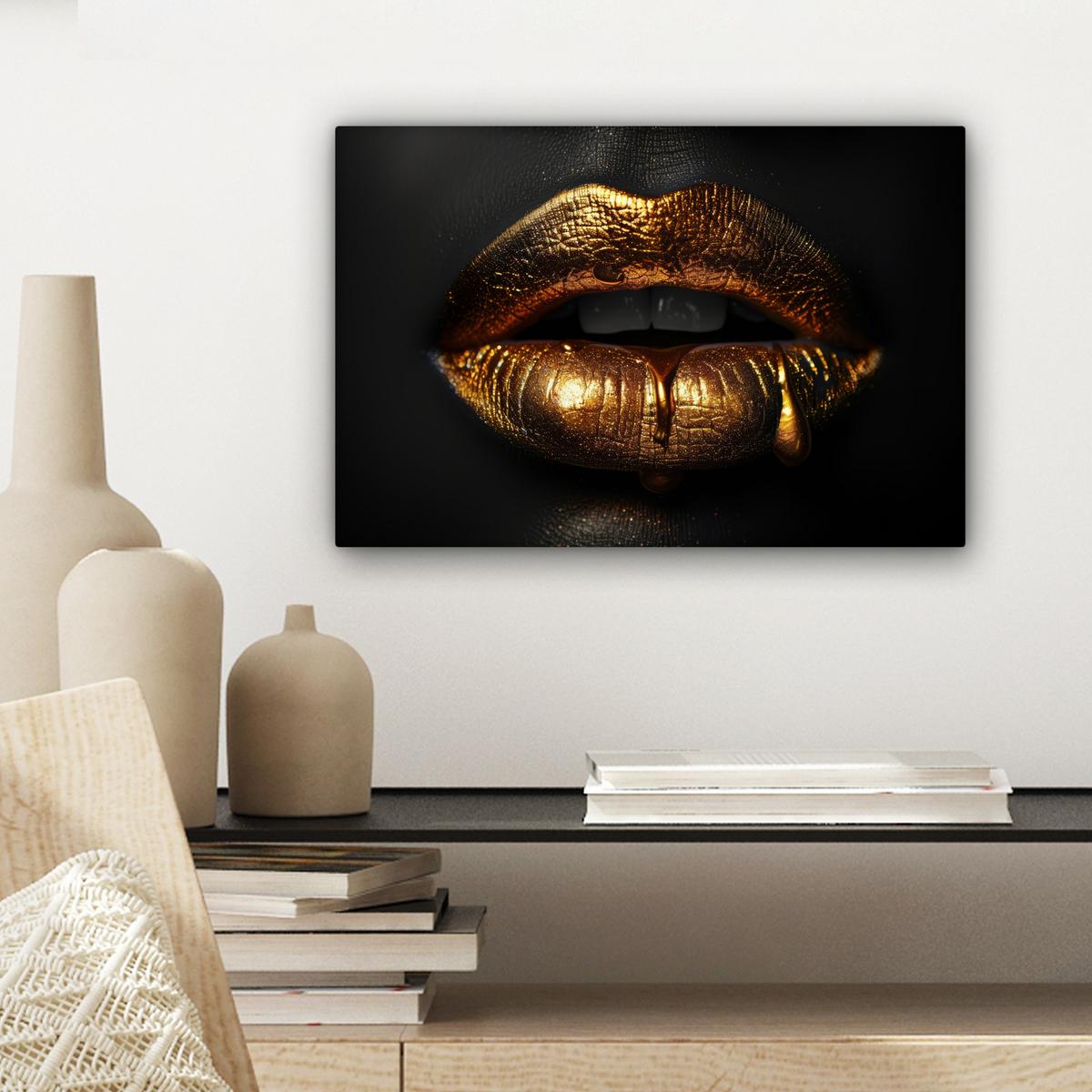 LEINWANDBILD Frau - Porträt - Lippen - Gold - Schwarz Deko Schlafzimmer 30x20 cm - Schwarz, Textil (30/20cm) - MuchoWow