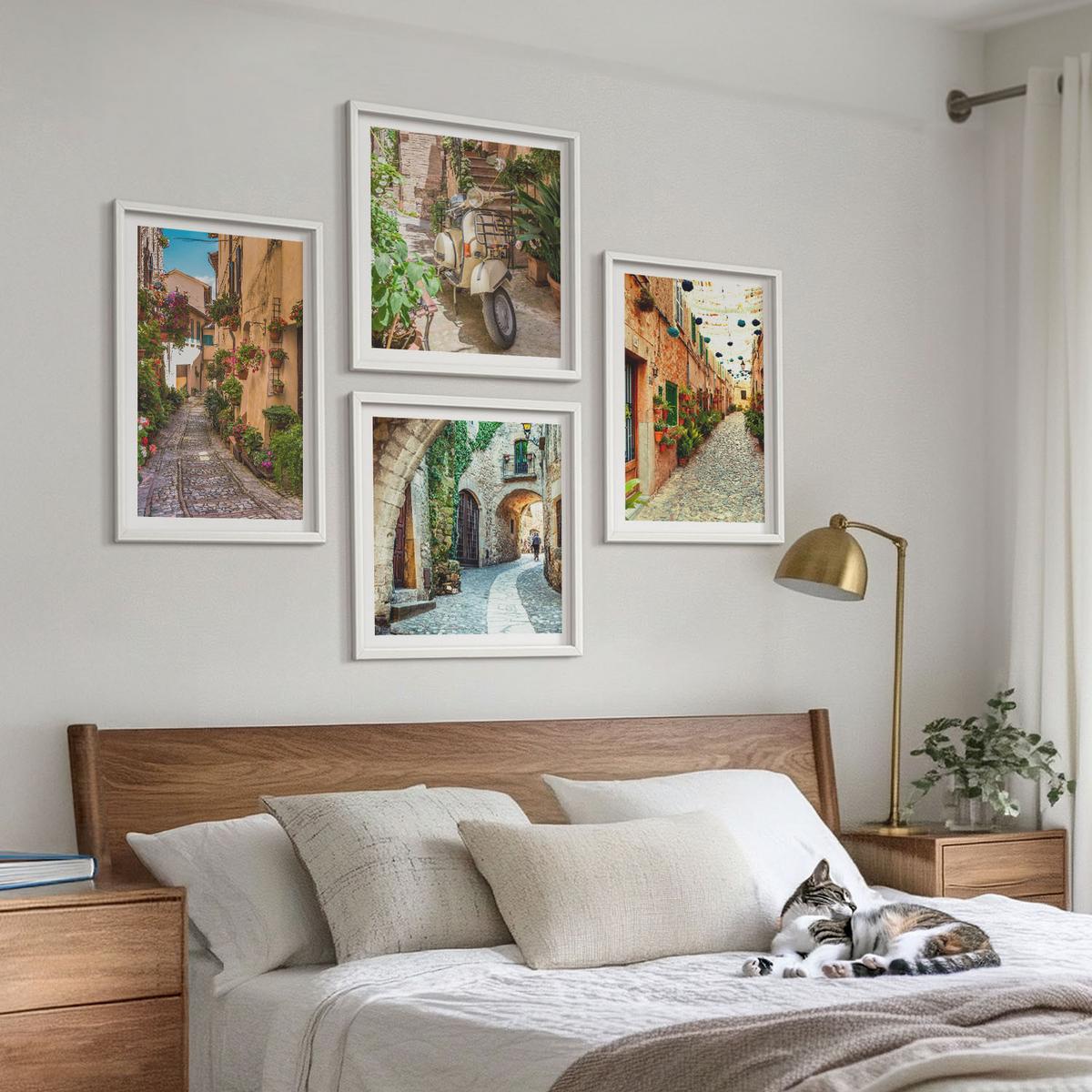 BILDER SET 4er Set - 50x50 cm & 40x60 cm Weißer Rahmen - Charmante italienische Straßen und Blumen - Weiß, Kunststoff (50/50cm) - TULUP