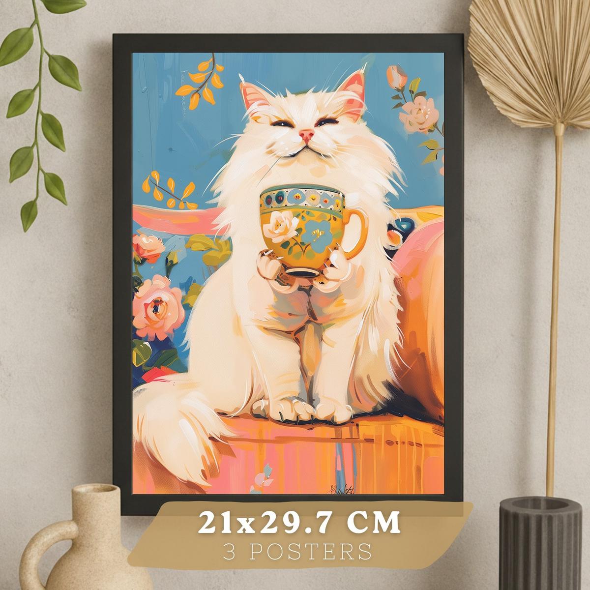 POSTER 3er Kunstdruck-Set Wandbilder Katzen modern Wohnzimmer Deko, Schlafzimmer, Küche, Badezimmer Schwarzer Rahmen A3 - Schwarz, Papier (29.7/1/42cm) - Nacnic