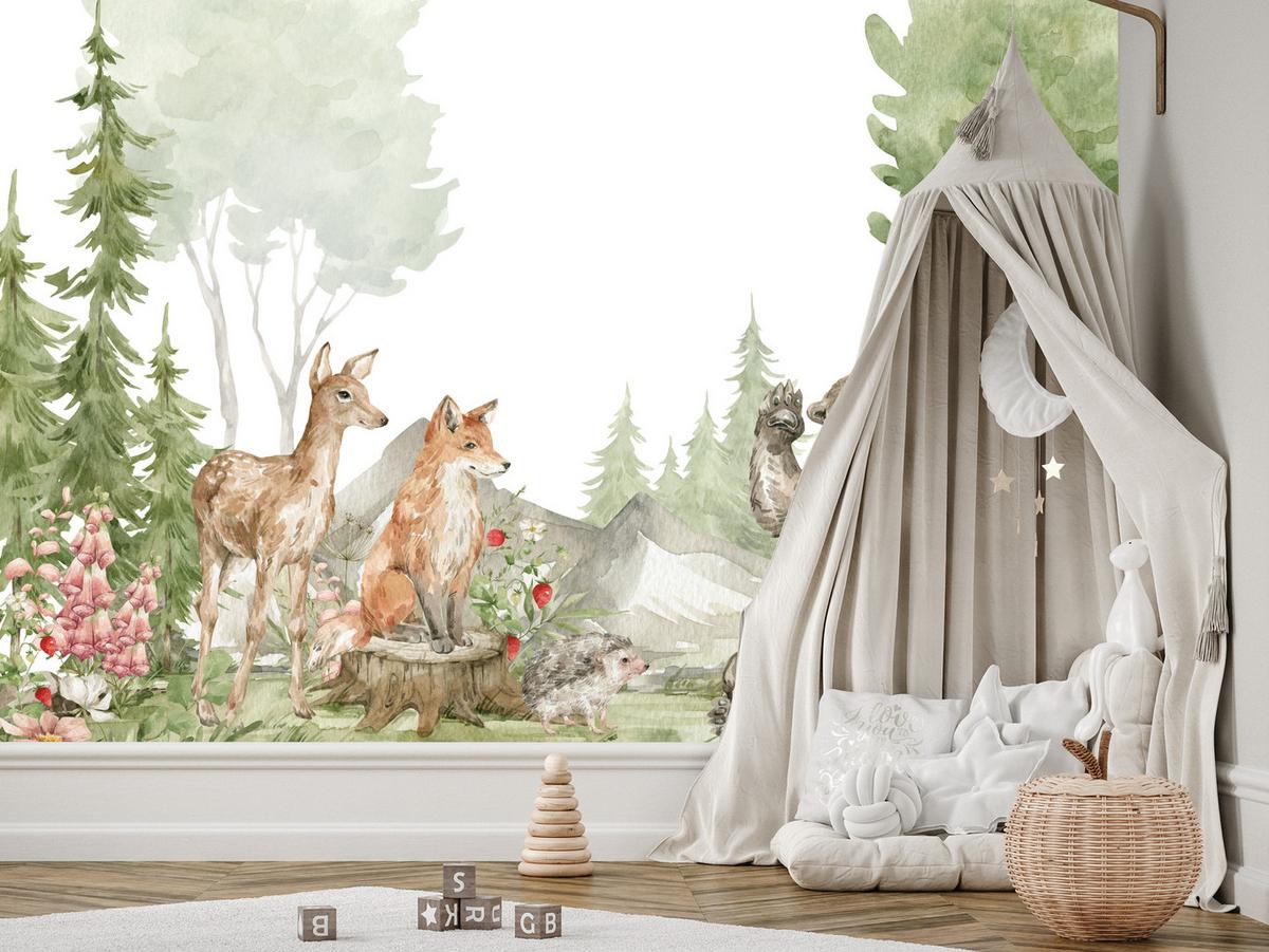 FOTOTAPETE für Kinderzimmer Aquarell Waldtiere Fuchs Reh Tragen 100x70 - Multicolor, Papier (100/70cm) - Muralo