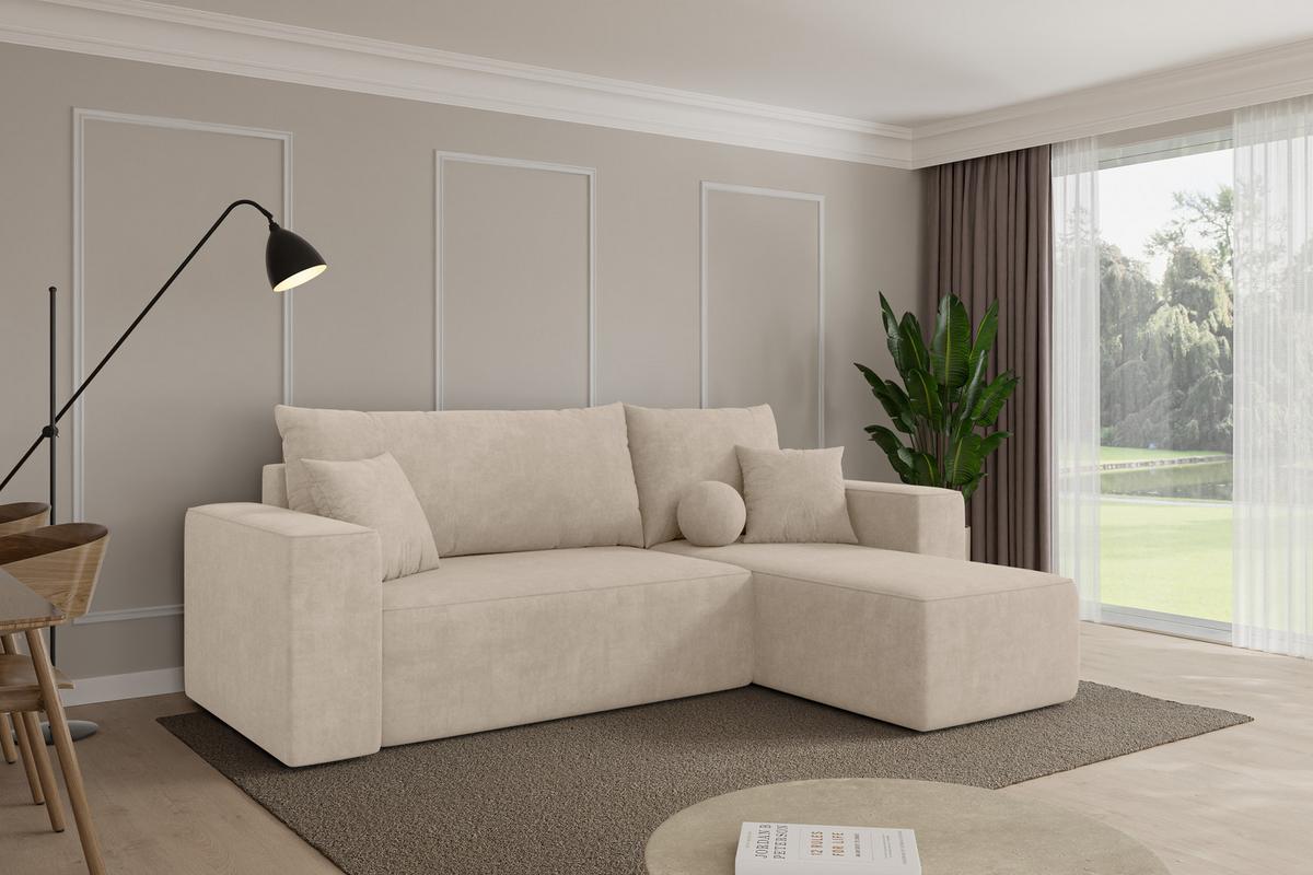 ECKSOFA mit Schlaffunktion Ottomane Rechts SENO-L 249x139x85 Beige Velours - Schwarz/Sahara, Holzwerkstoff/Kunststoff (249/139cm) - ALTDECOR
