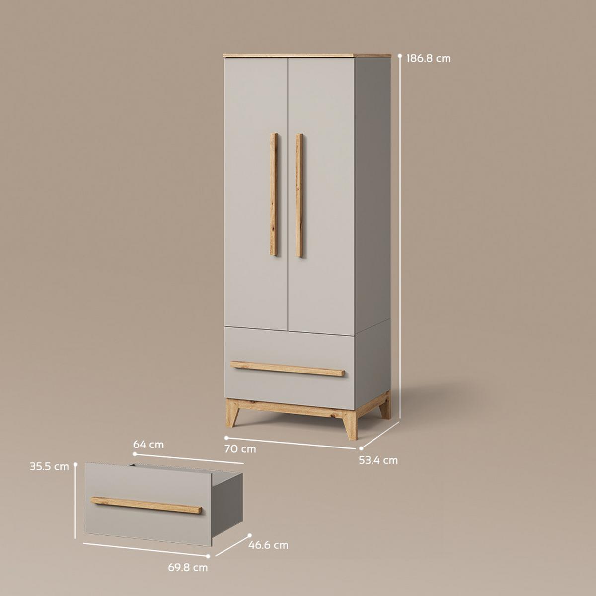 KINDERKLEIDERSCHRANK Mailo Cashmere/Artisan 70 x 186.8 cm mit Sitzbank - Kaschmir/Eiche Artisan, Holzwerkstoff (70/186.8/53.4cm) - Livinity®