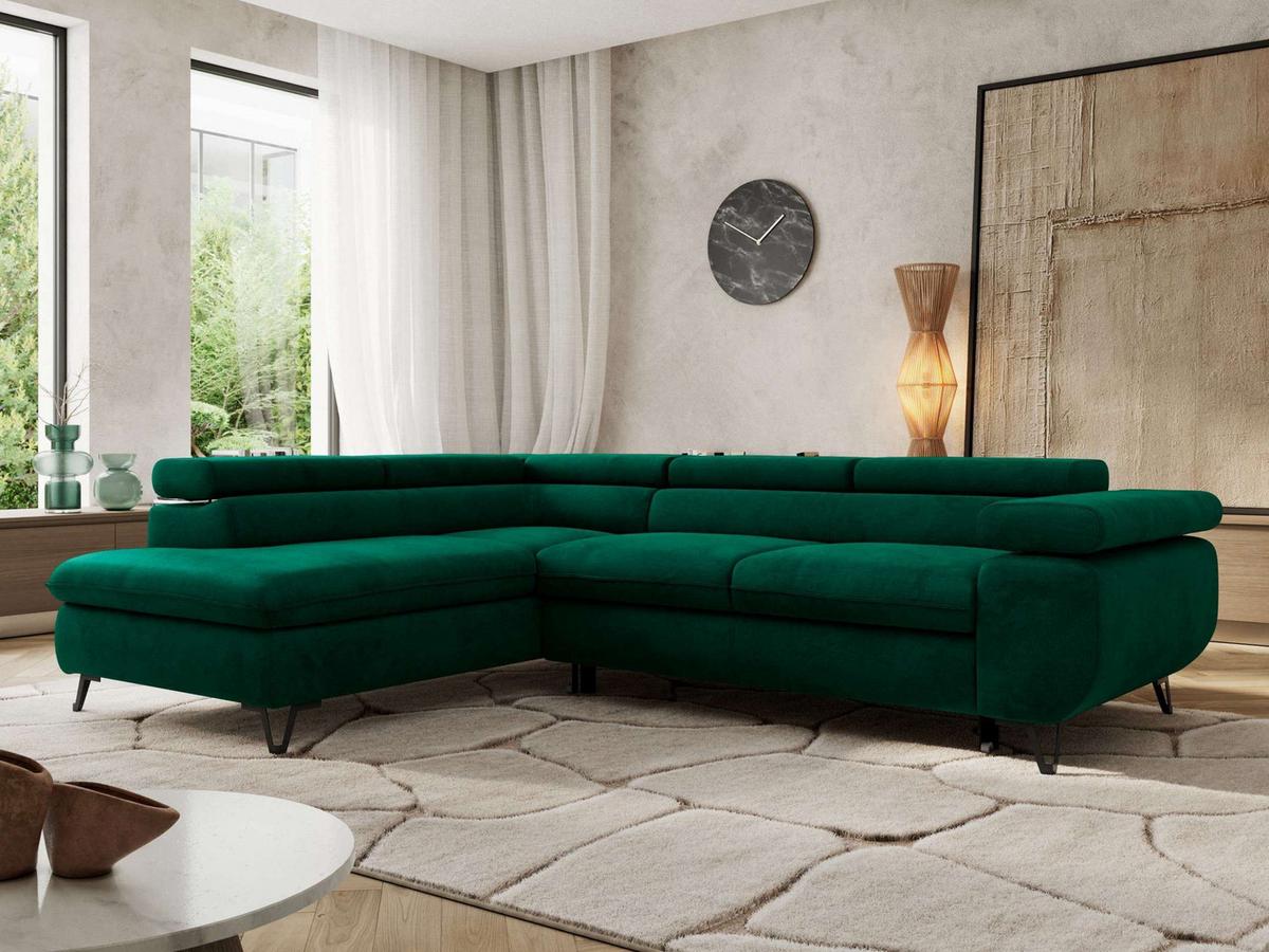 ECKSOFA PABLO L Dunkelgrün Velvet - Links Seite mit Visco Topper - Dunkelgrün/Schwarz, Textil/Metall (208/273cm) - MKS