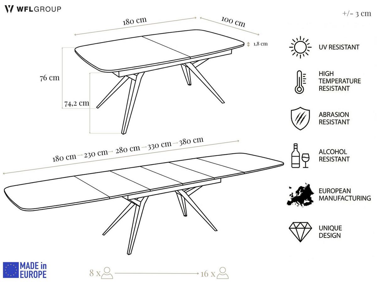 ESSTISCH Soren ausziehbar rechteckig oval, Eiche Hell Braun 180-380/100/76 cm - Eichefarben/Schwarz, Holzwerkstoff/Metall (380/100/76cm) - WFL GROUP