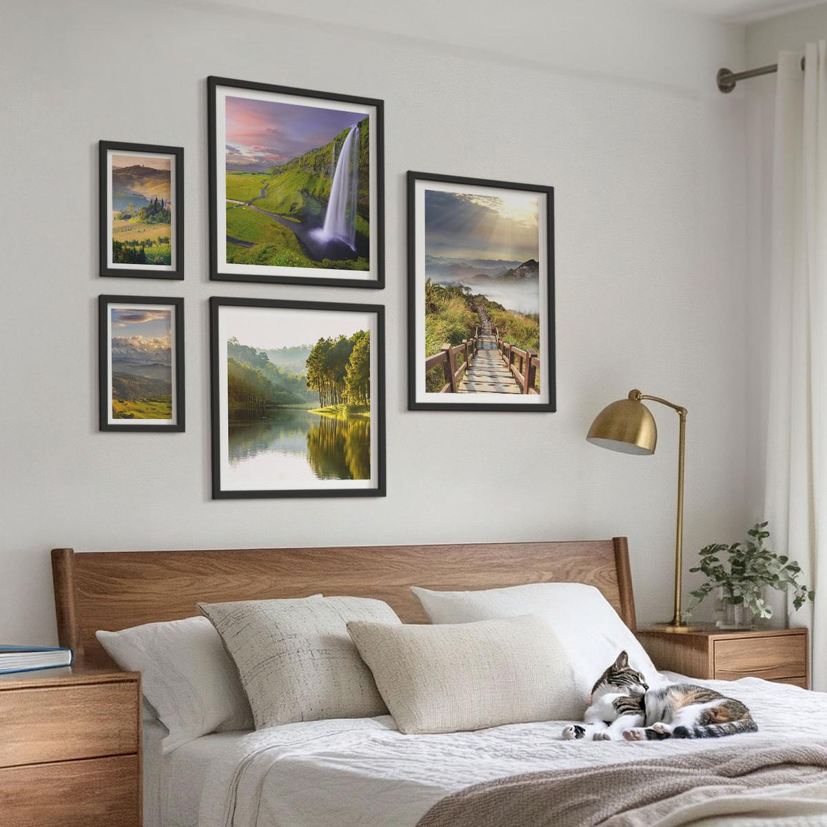 BILDER SET 5er Set - 50x50 cm & 20x30 cm & 40x60 cm Schwarzer Rahmen - Aquarell von grünen tropischen Blättern - Schwarz, Kunststoff (40/60cm) - TULUP