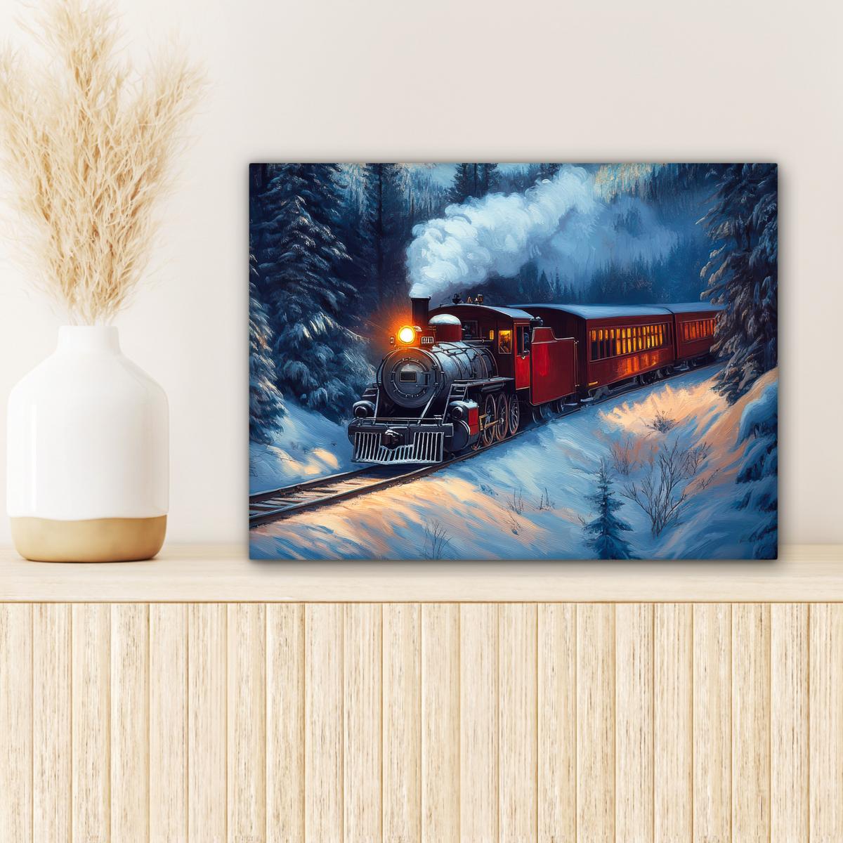 LEINWANDBILD Zug - Weihnachten - Schnee - Weihnachtszug Wandbild 40x30 cm - Anthrazit, Textil (40/30cm) - MuchoWow