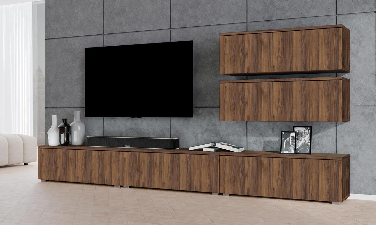 WOHNWAND Loriano V Nussbaum Warmia 300/104,5/32 cm – Hängend und Stehend - Nussbaumfarben, Holzwerkstoff/Kunststoff (300/104.5/32cm) - AX Living