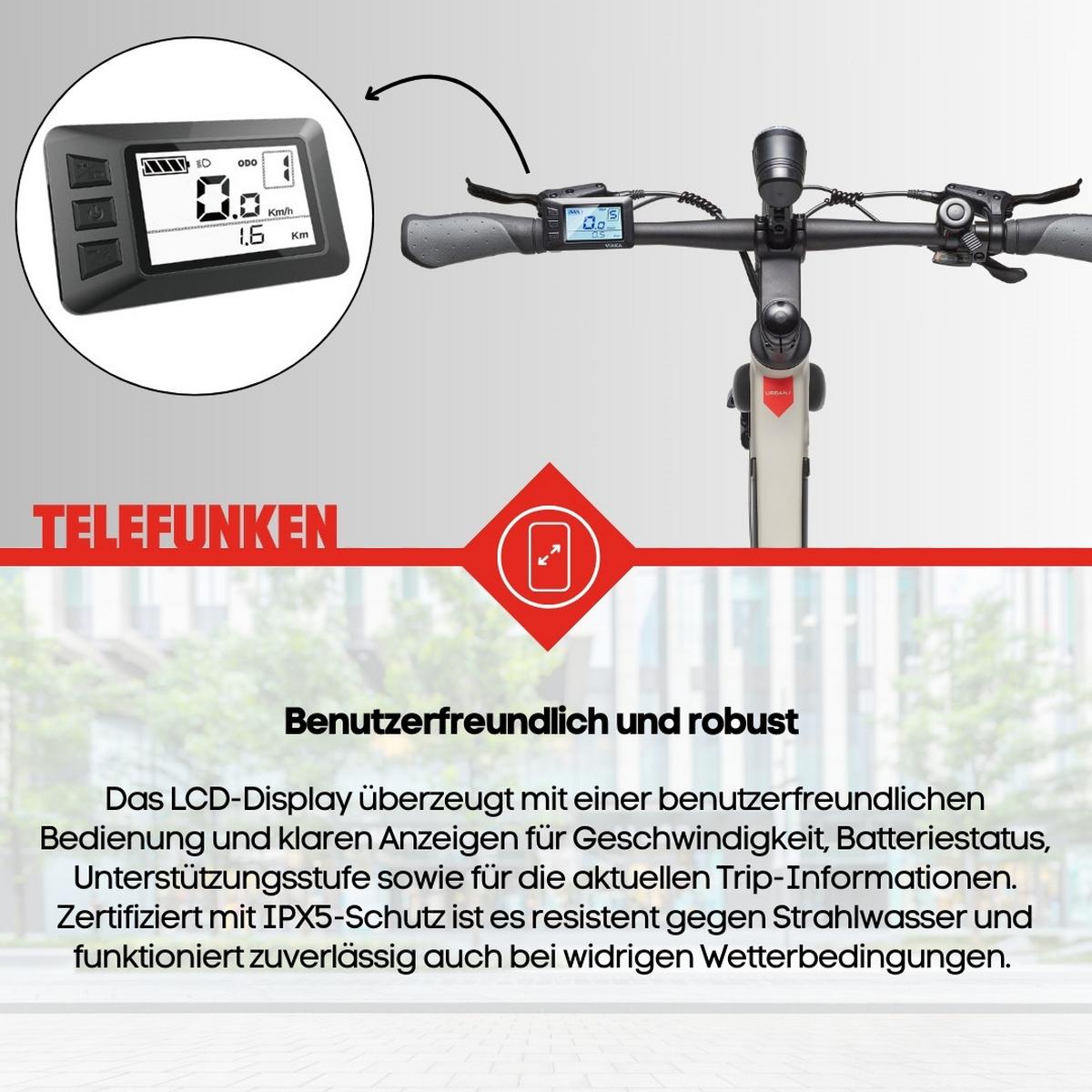 E-BIKE Urban UH210 Elektrofahrrad 28 Zoll Pedelec 417,6 Wh Hinterradmotor 7-Gang Kettenschaltung, leicht - Grau, Metall (111cm) - Telefunken