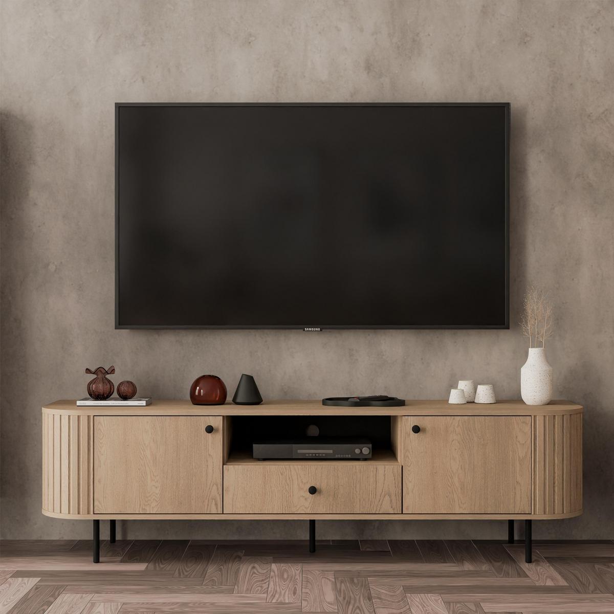 LOWBOARD Halay Eiche Cremona, 2 Türen & 1 Schublade Moderne Rillenstruktur 180,6 cm - Eichefarben/Schwarz, Holzwerkstoff/Metall (180.6/50/42.3cm) - AX Living