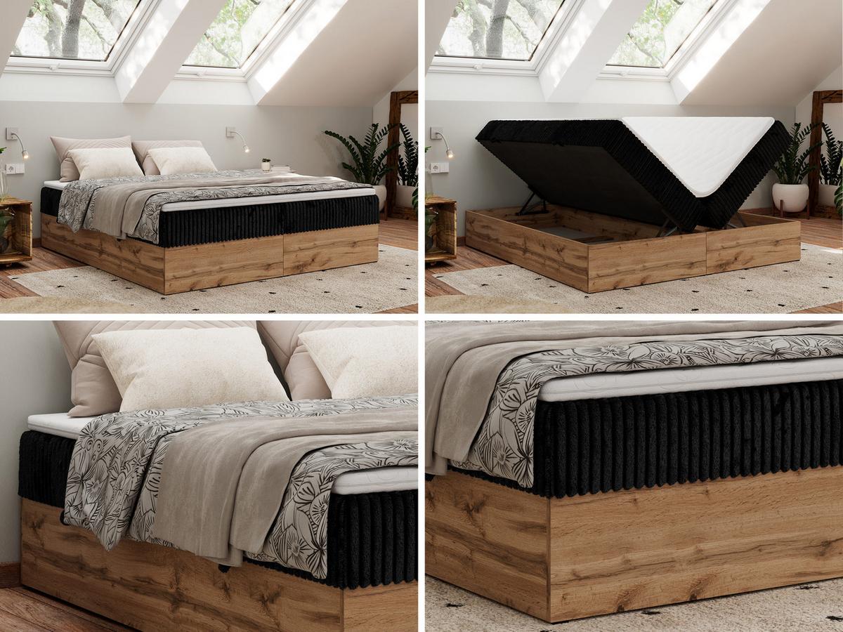 BOXBETT WOOD ZERO 160/200 - Schwarz Cord - H3 - Topper Visco - Schwarz, Textil (160/200cm) - MKS