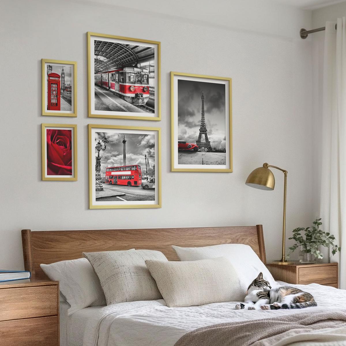 BILDER SET 5er Set - 50x50 cm & 20x30 cm & 40x60 cm Goldrahmen - Ikonische Städte London Paris Eisenbahn - Goldfarben, Kunststoff (40/60cm) - TULUP