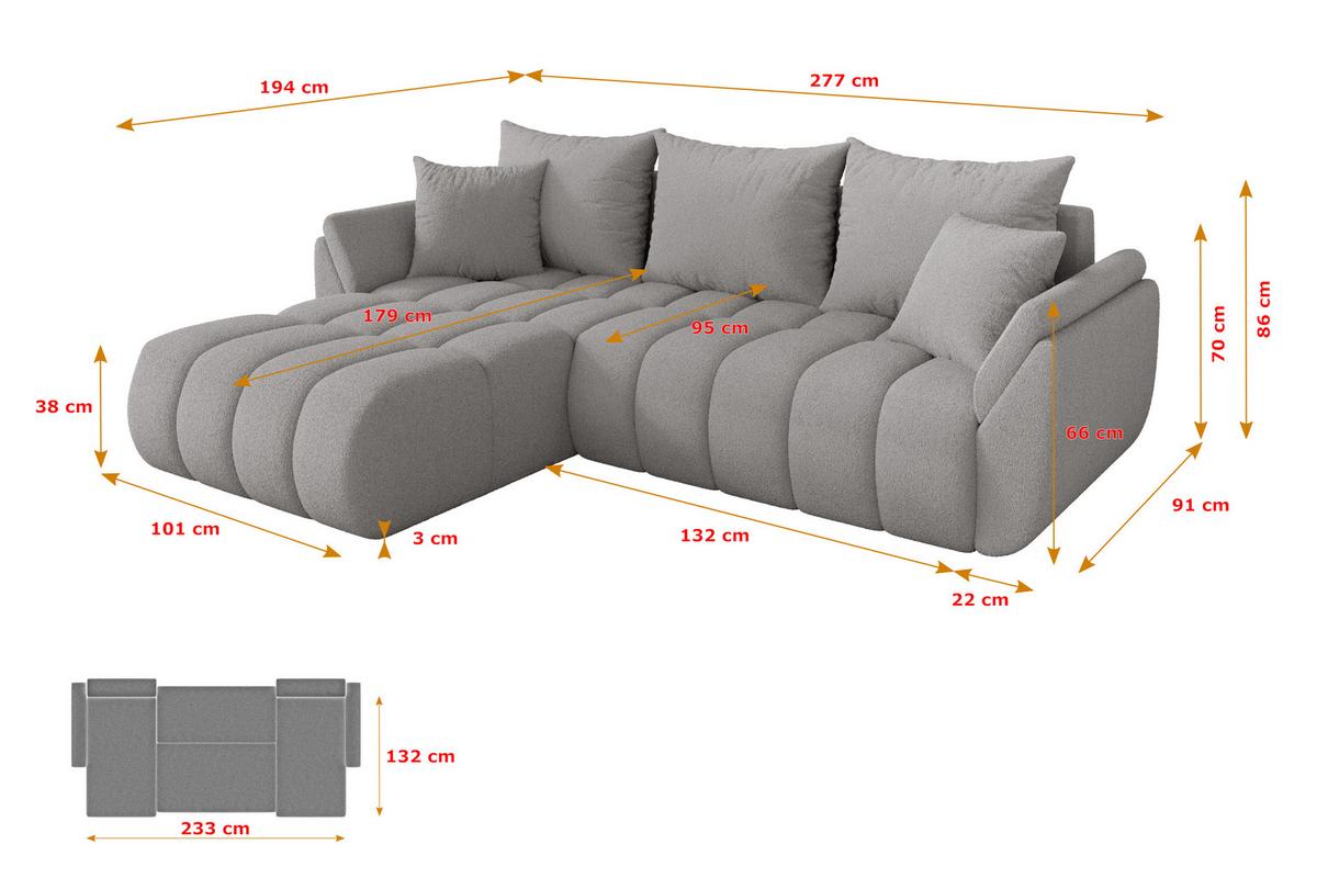 ECKSOFA mit Schlaffunktion Ottomane Links TOKO-L-v1 277x194x86 Hellgrau Bouclé - Silberfarben/Hellgrau, Holzwerkstoff/Kunststoff (277/194cm) - ALTDECOR