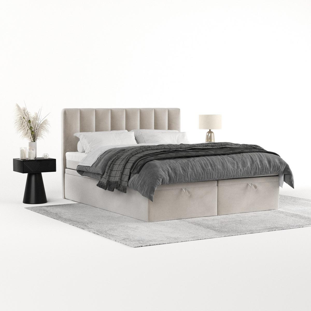 BOXBETT Lume 180/200 cm Hellbeige im Paros Stoff - Beige/Schwarz, Holz/Holzwerkstoff (180/200cm) - AltaBeds