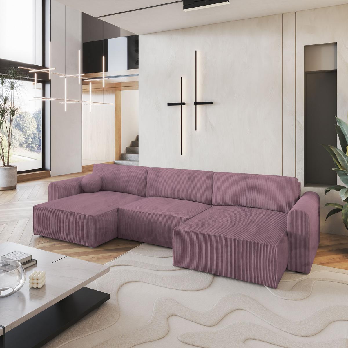 WOHNLANDSCHAFT FENTO P Lila Kordstoff mit Schlaffunktion - Lila/Grau, Holz/Kunststoff (347/90/148cm) - MASSENO