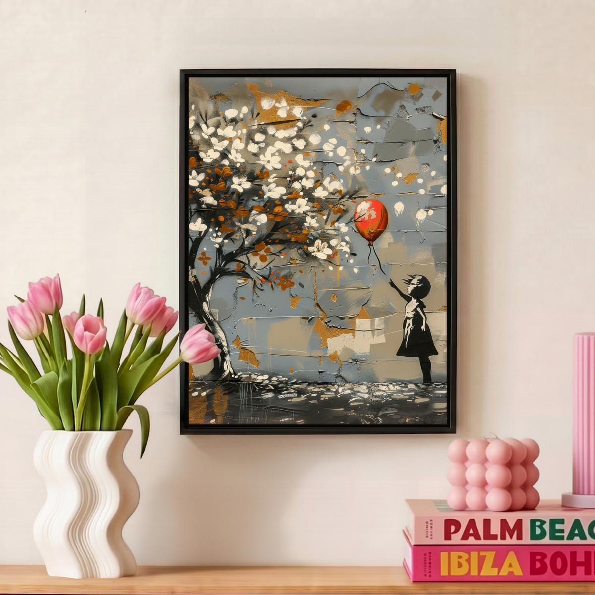 LEINWAND Bilder mit Rahmen - Baum - Graffiti - Banksy-Stil - Ballon-Mädchen - 30x40 - Blaugrau, Textil (30/40cm) - MuchoWow