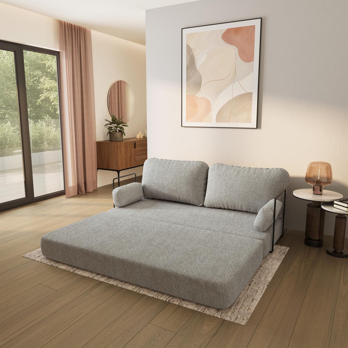BETTSOFA NIKSI aus Schaumstoff Bucle-Stoff Hellgrau Schlaffunktion - Hellgrau, Textil (170/86/80cm) - MASSENO