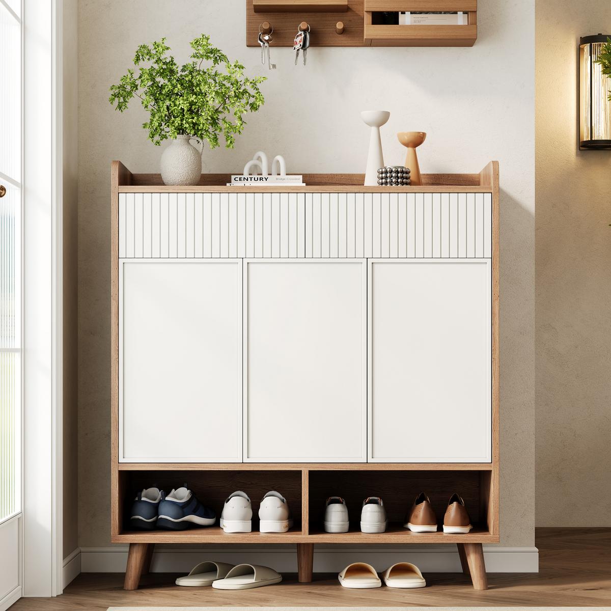 SCHUHSCHRANK weiß & holzoptik, 3 türen & 2 schubladen mit rillendesign - Naturfarben, Holzwerkstoff (90/100/35cm) - Urban Meuble