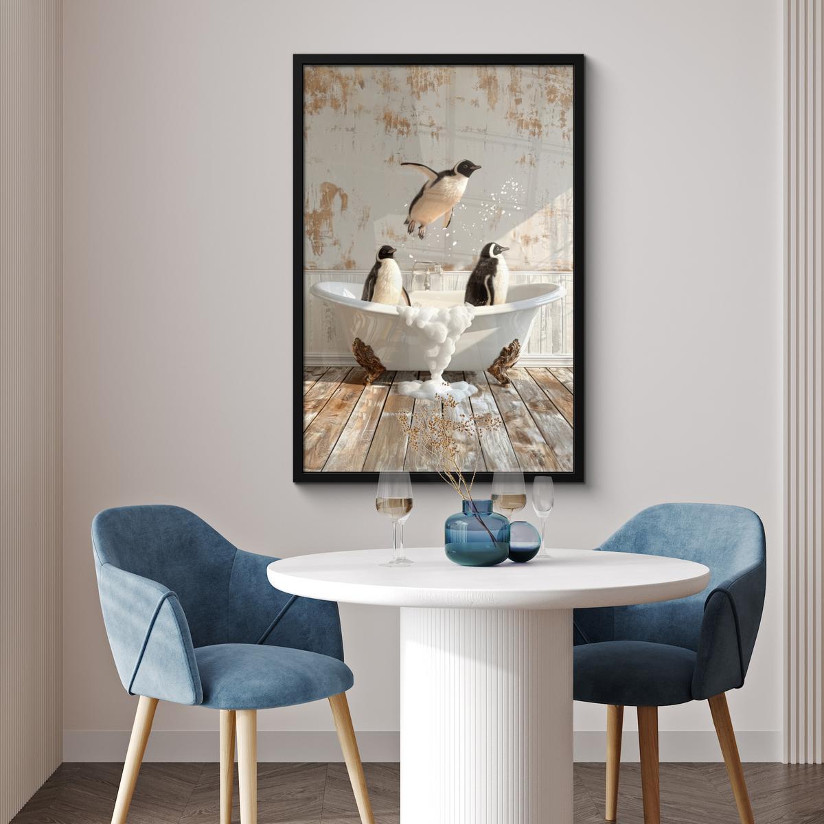 POSTER MIT RAHMENGERAHMTES BILD Vintage - Pinguin - Badewanne - Schaumstoff 60x90 cm - Schwarz, Papier (60/90cm) - MuchoWow