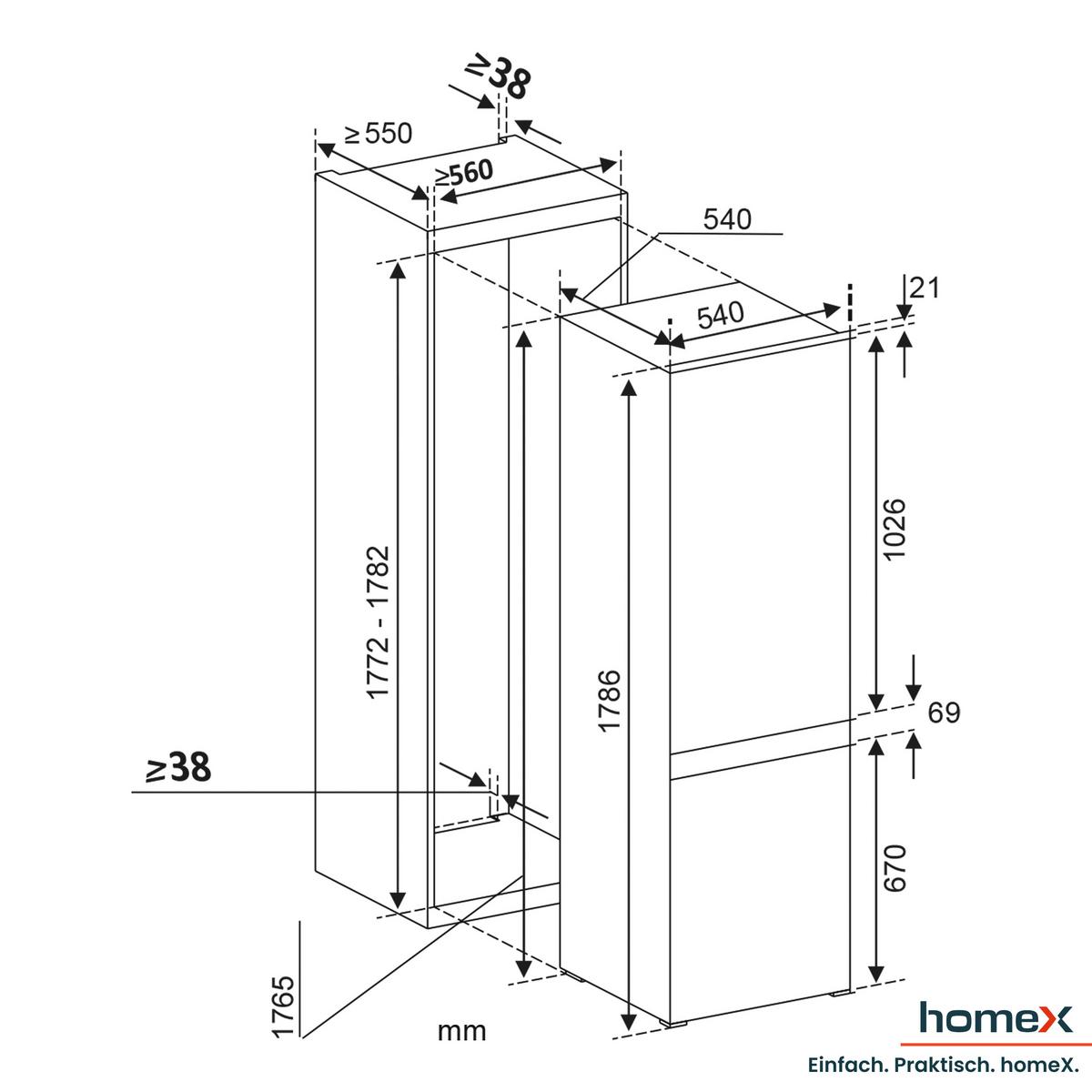 KÜHL-GEFRIER-KOMBINATION CFBN2531E, Einbaugerät, No Frost, 178cm hoch, 253 Liter, Schlepptürtechnik, Einbaukühlschrank mit Gefrierfach, 37 dB - Weiß, Glas/Kunststoff (54/178.6/54cm) - homeX