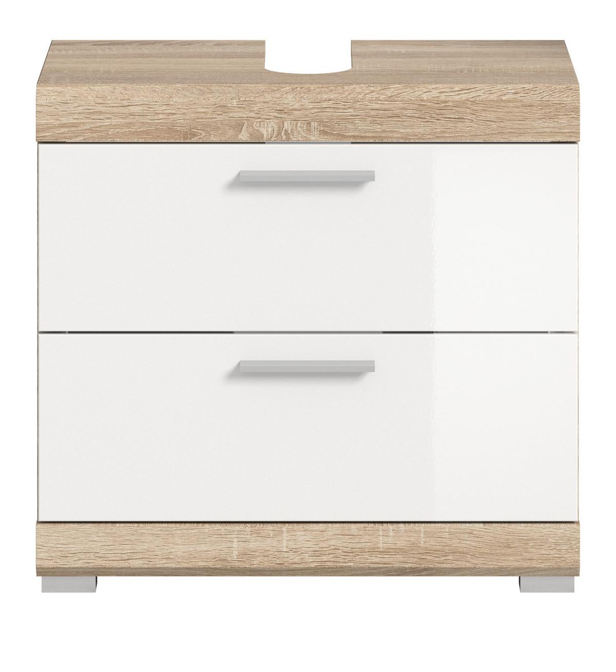 WASCHBECKENUNTERSCHRANK weiß Hochglanz, Eiche 60 cm, Schubkästen mit Vollauszug - Weiß Hochglanz/Eichefarben, Holzwerkstoff/Kunststoff (60/56/37cm) - Inn.Furn