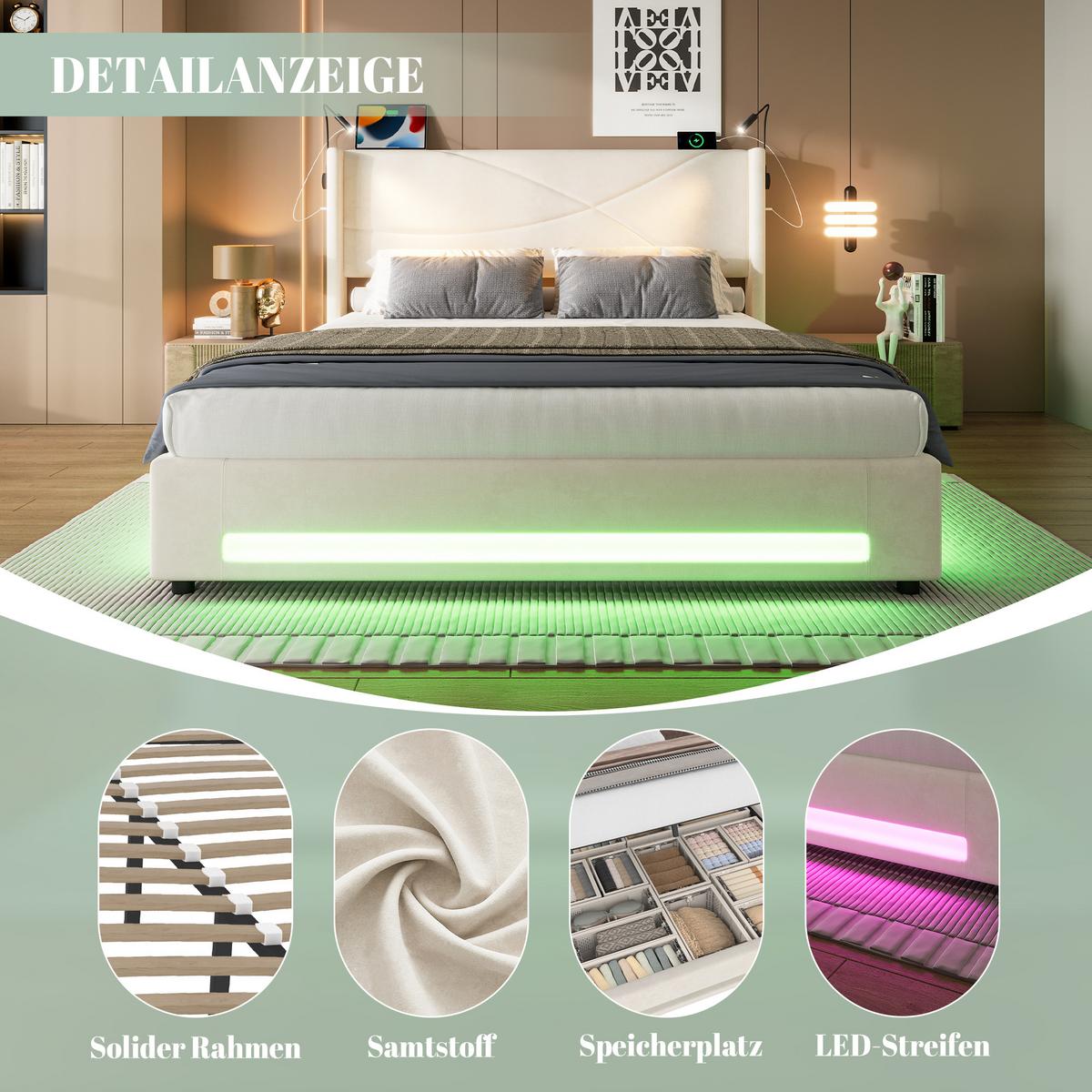 POLSTERBETT Samt Beige 140x200 cm mit LED Beleuchtung & USB-Ladestation - Beige, Textil (140/200cm) - Urban Meuble
