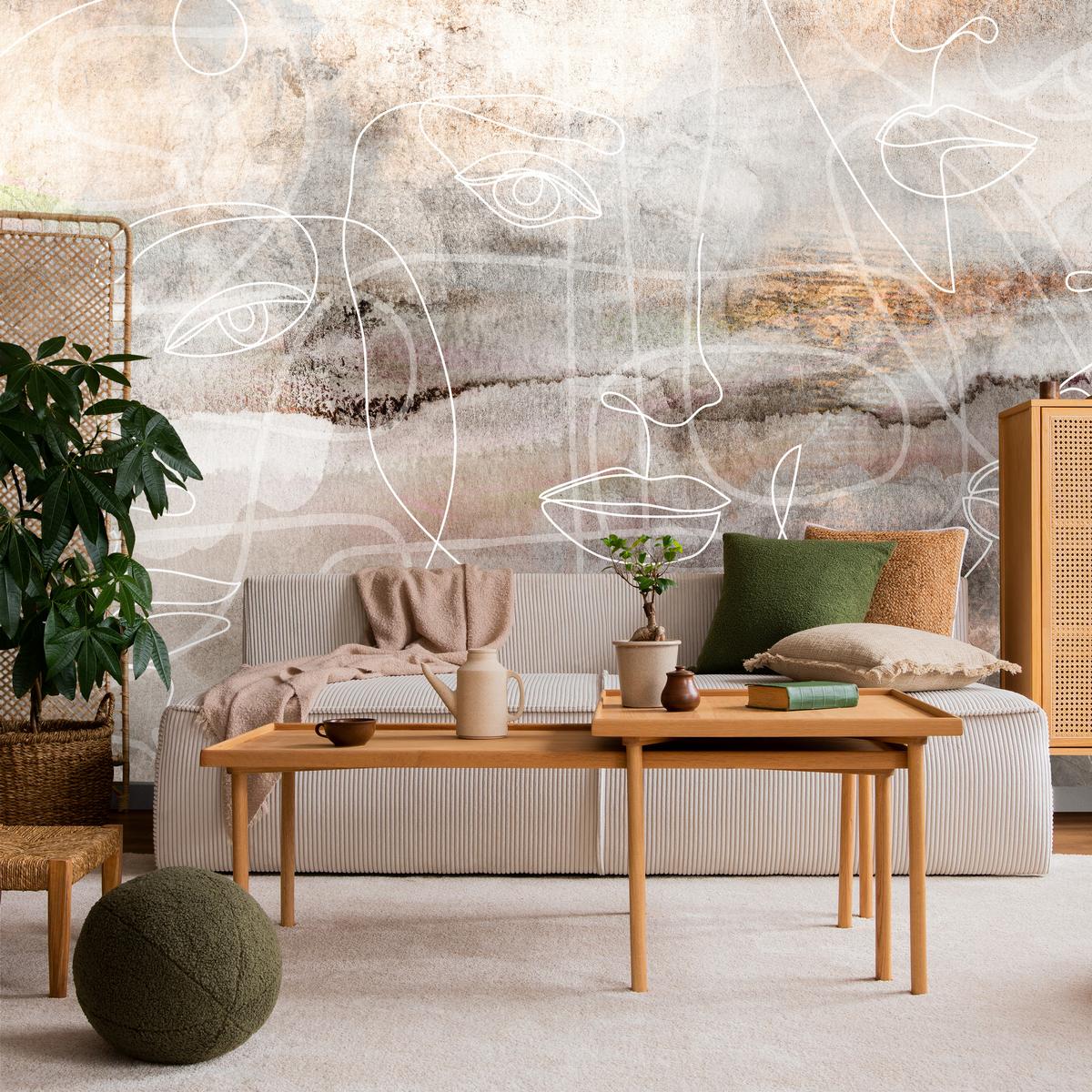 FOTOTAPETE für Wohnzimmer Gesichter Abstraktion 200x140 - Beige/Braun, Papier (200/140cm) - Muralo