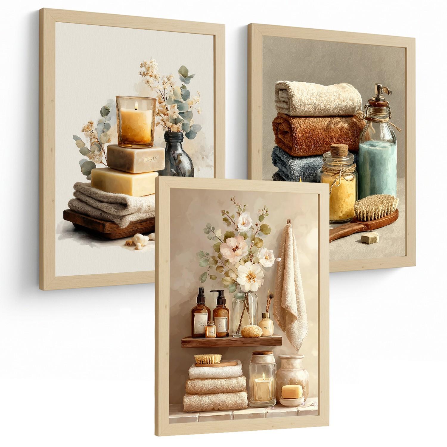 POSTER 3er-Set dekorative Badezimmerdrucke, gemütlicher Spa-Stil, Bilder mit Kerzen, Blumen und Handtüchern, entspannende, Leichter Holzrahmen A3 - Beige, Papier (42/29.7/3cm) - Nacnic
