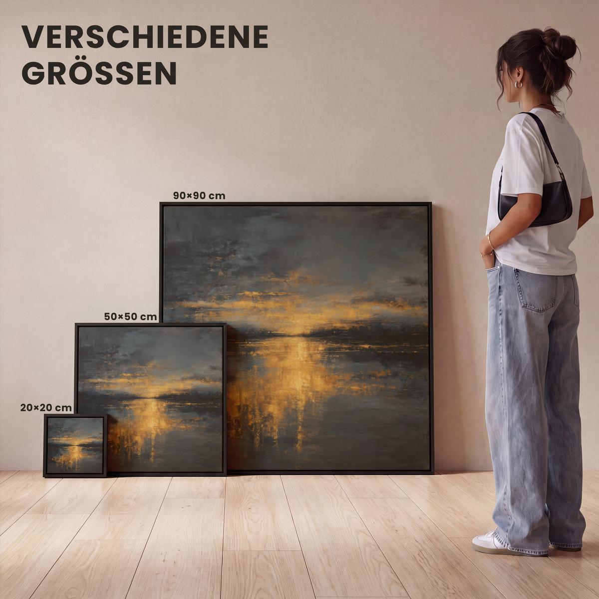 LEINWAND Bilder mit Rahmen - Goldene Reflexion auf dem Wasser - 20x20 - Anthrazit, Textil (20/20cm) - MuchoWow