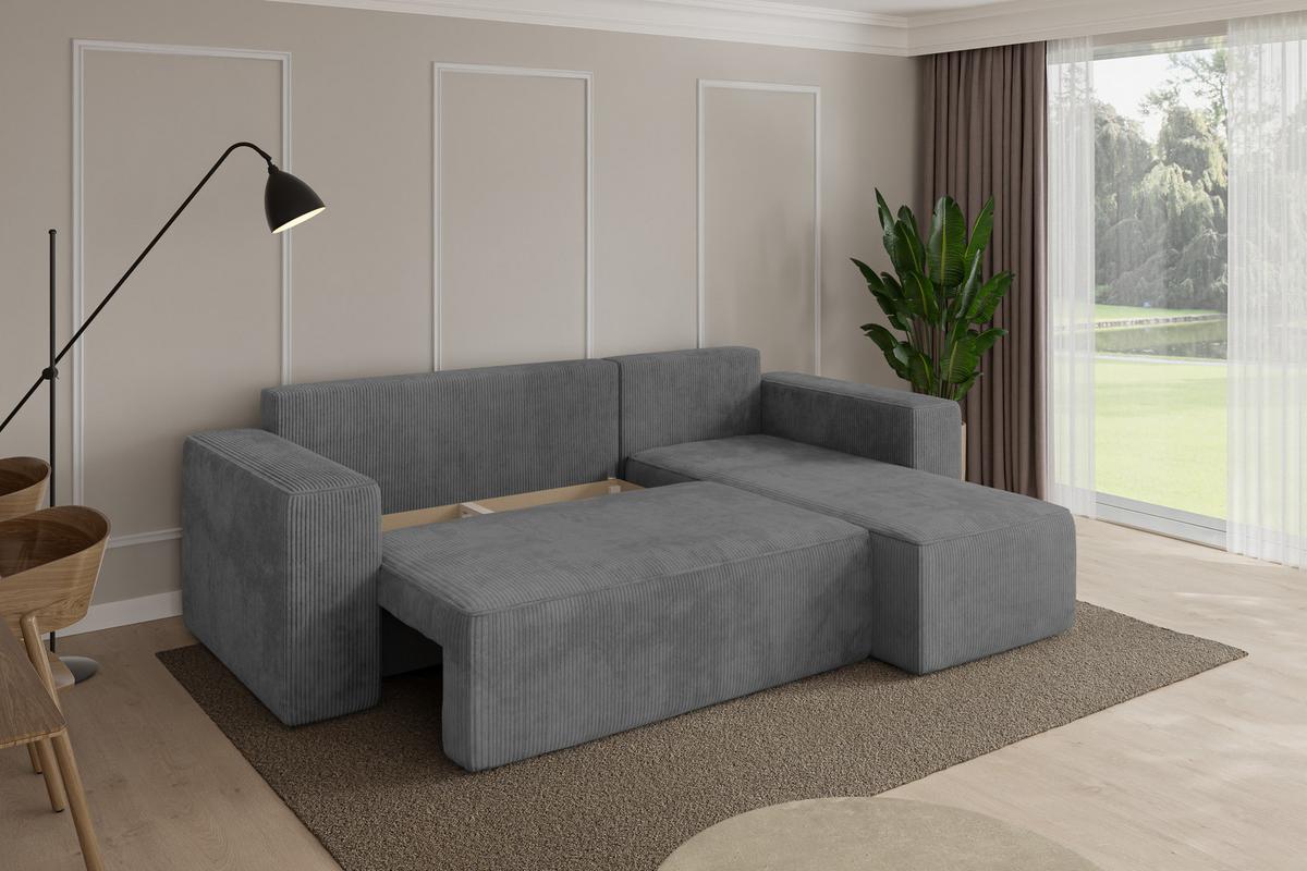 ECKSOFA mit Schlaffunktion Ottomane Rechts SENO-L 249x139x85 Dunkelgrau Cord - Dunkelgrau/Schwarz, Holzwerkstoff/Kunststoff (249/139cm) - ALTDECOR