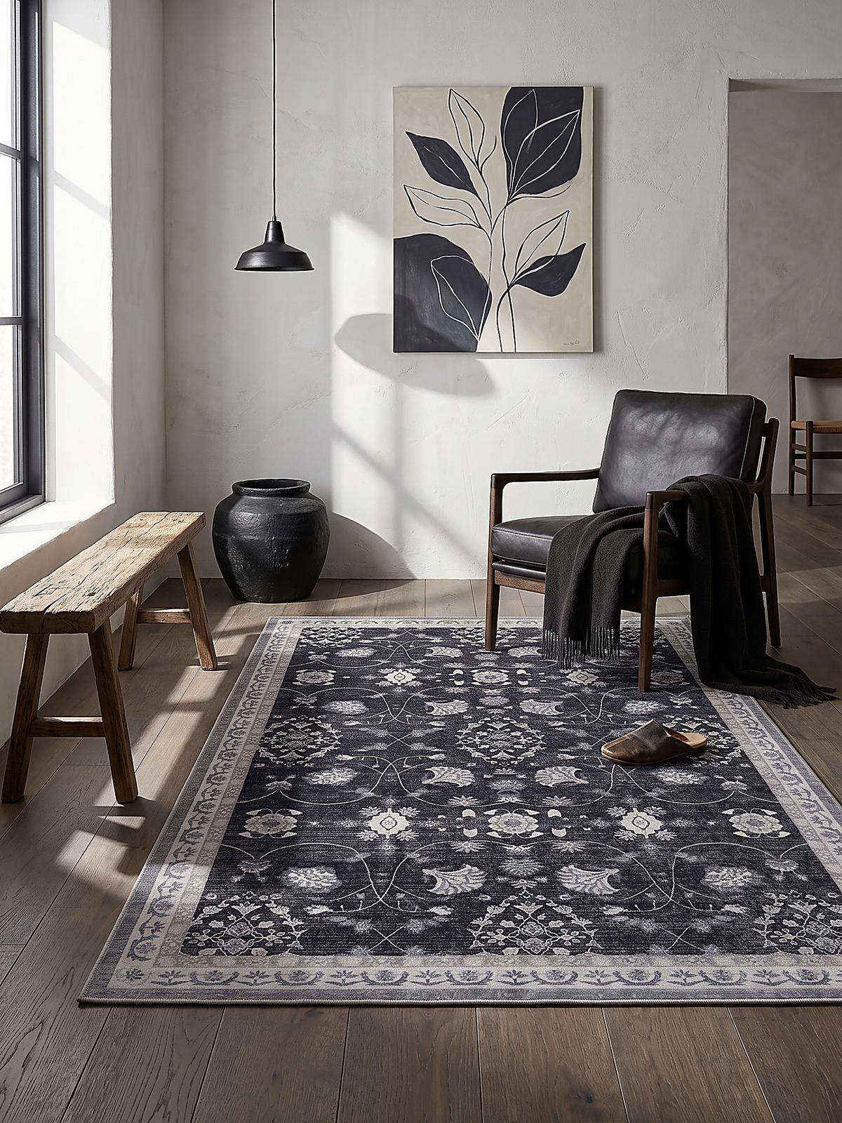 TEPPICH Kurzflor, waschbar, mit floralen Ornamenten, VERNANTE in Schwarz-Creme-Grau, 120 x 170 cm - Schwarz, Textil (120/170cm) - KADIMA DESIGN