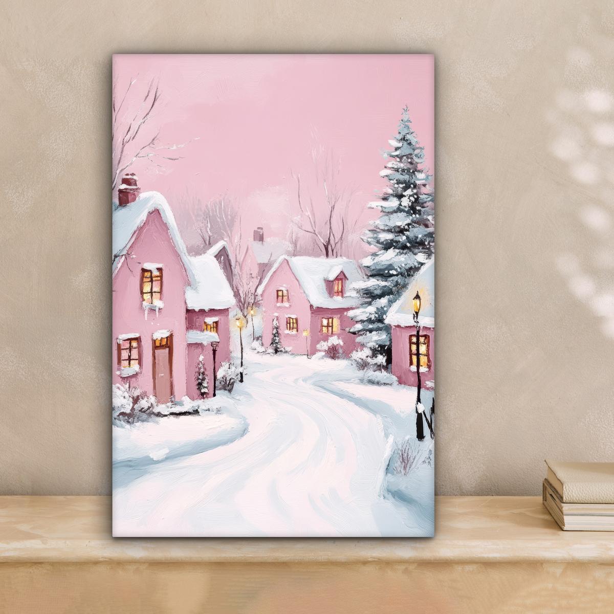 LEINWANDBILD Weihnachtsdorf - Rosa - Winter - Schnee - Häuser Deko Wohnzimmer 20x30 cm - Altrosa, Textil (20/30cm) - MuchoWow